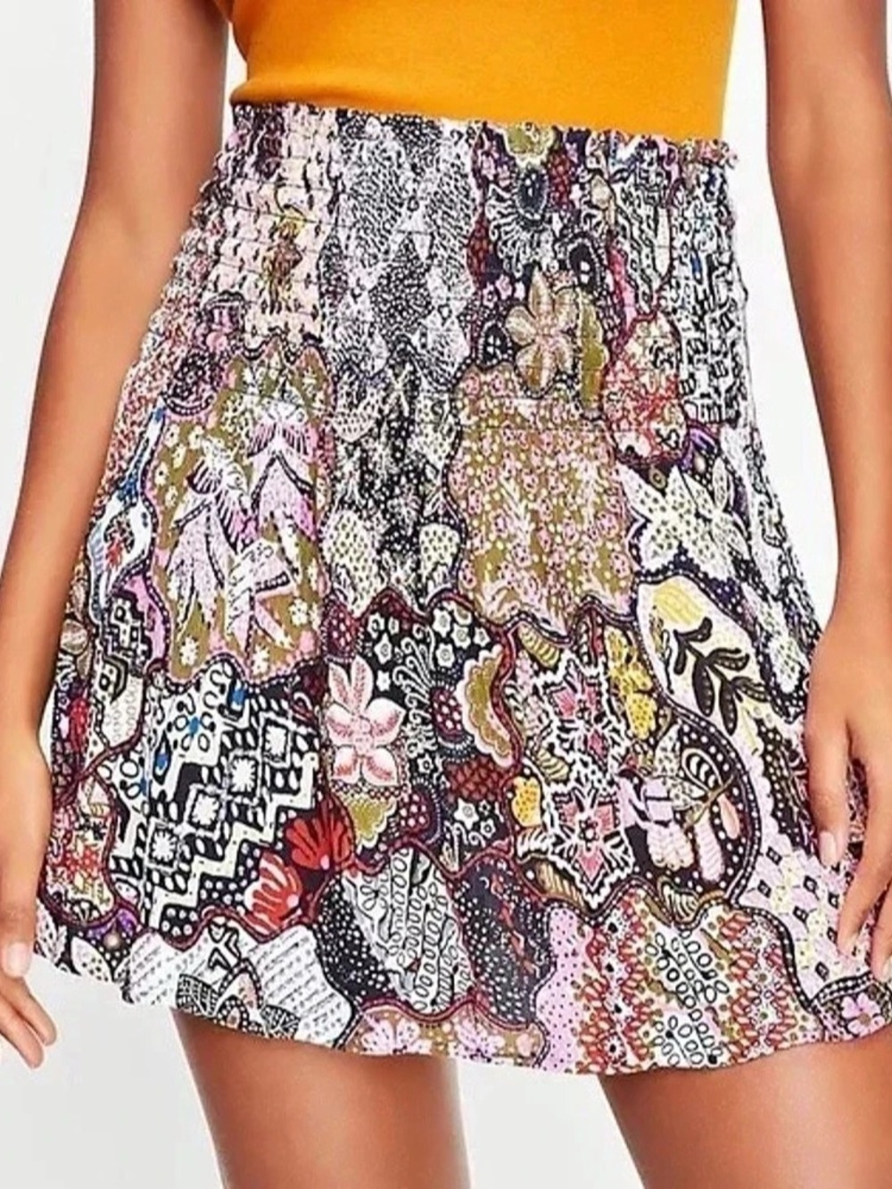LOFT Floral Patchwork Smocked Pull-On Skirt XL Boho Paisley Pink